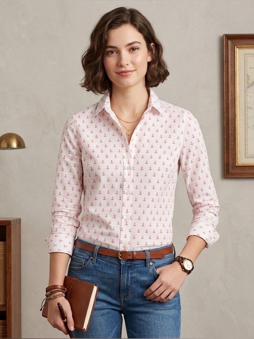 J. Crew White Button-Down Shirt with Small Red Anchor Print